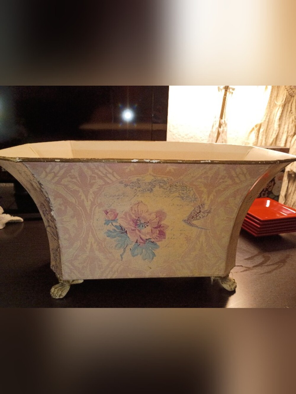 Floral Decorative Bin with Pastel Pink and Blue Motif